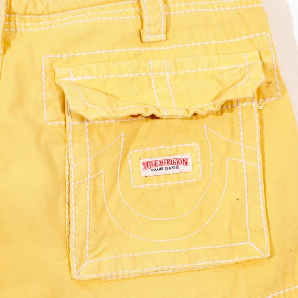 True Religion Mens Issac Cargo Bright Yellow Shorts Cut Off Drawstring Cotton 33 - Picture 12 of 15